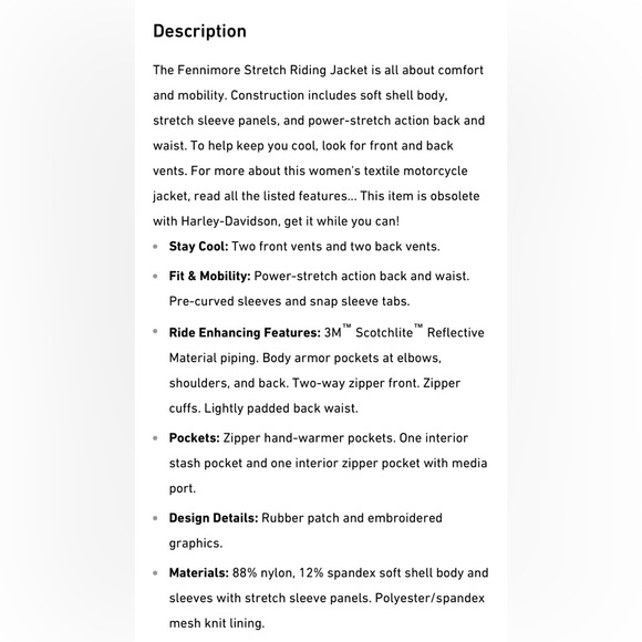 Harley Davidson Women’s Fennimore Stretch Riding Jacket Size 2W - Picture 4 of 6